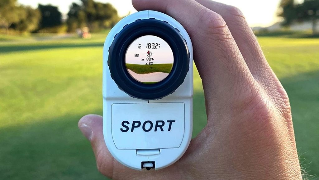 A golf rangefinder trying to measure the distance of the destination flag