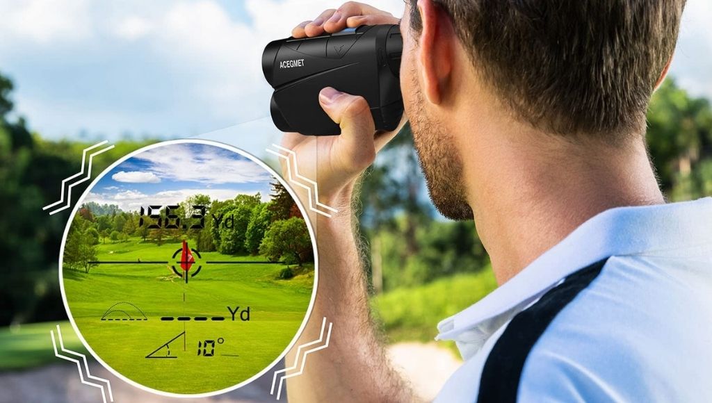 A man is measuring distances with a golf laser rangefinder
