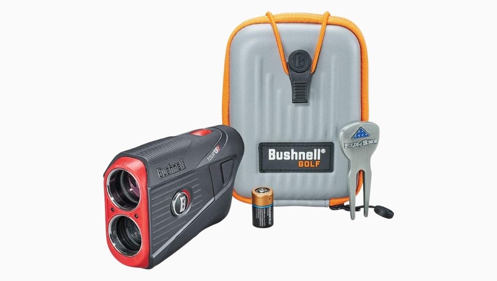 Bushnell tour v5 rangefinder, bag, and his battery